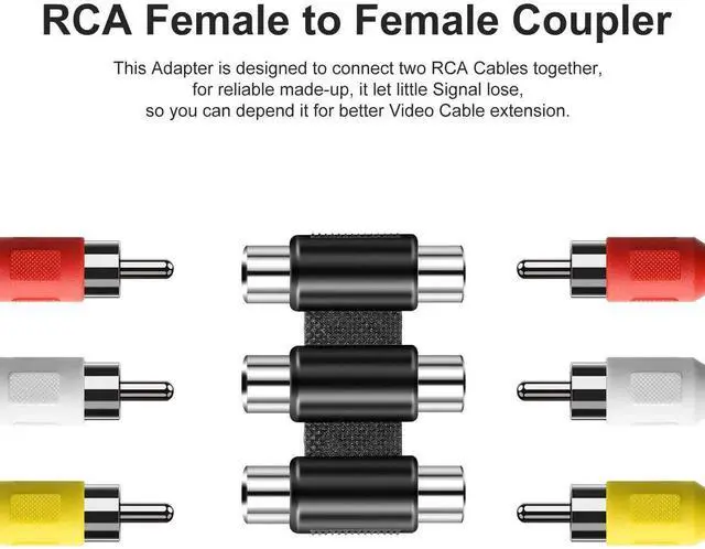 Alt view image 2 of 7 - 3-RCA Female to Female Coupler - Audio Video Jack Adapter - Nickel Plated Connector - Red, White, Yellow