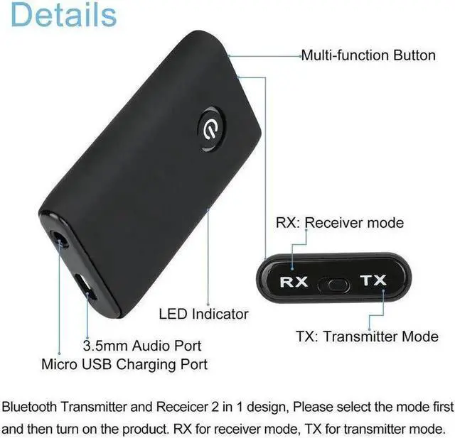 Alt view image 7 of 7 - Bluetooth 5.0 Transmitter Receiver 2 IN 1 Wireless Audio 3.5mm Jack Aux Adapter