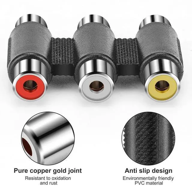 Alt view image 6 of 7 - 3-RCA Female to Female Coupler - Audio Video Jack Adapter - Nickel Plated Connector - Red, White, Yellow