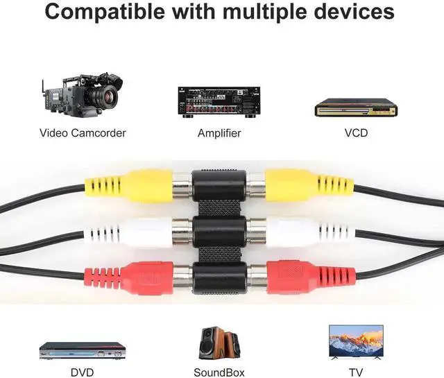 Alt view image 7 of 7 - 3-RCA Female to Female Coupler - Audio Video Jack Adapter - Nickel Plated Connector - Red, White, Yellow