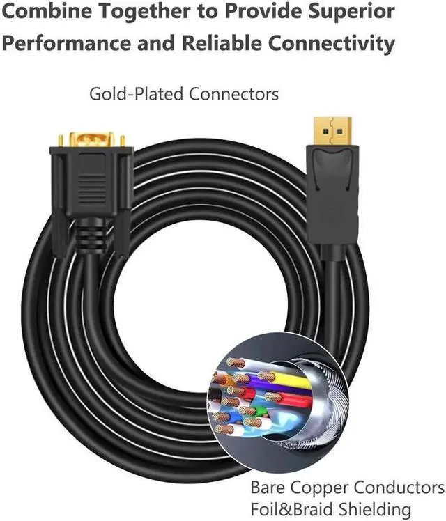 Alt view image 5 of 6 - DisplayPort to VGA Adapter, DP to VGA Cable 6 Feet Cable Male to Male 1080P HD Gold-Plated Cord Compatible for HP, Desktop, Laptop, for Monitor, Projector, Black