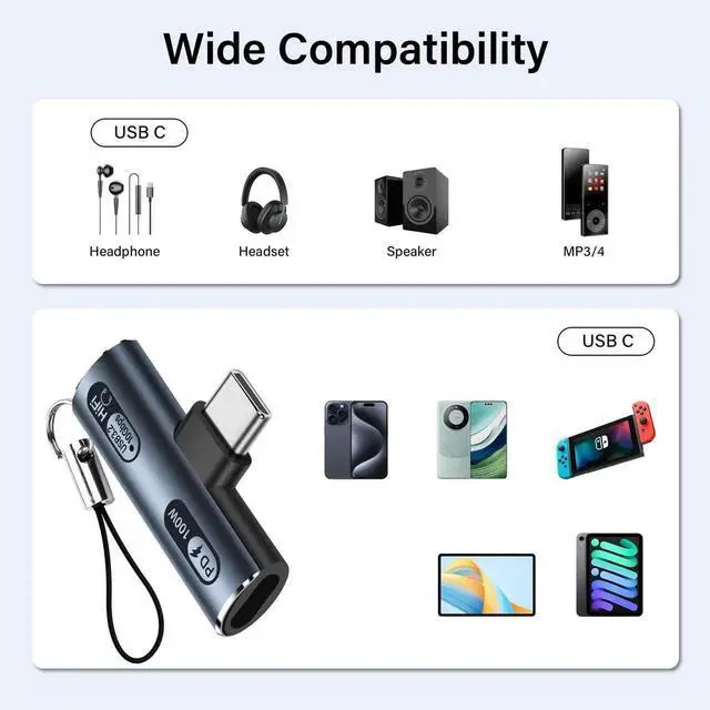 Alt view image 2 of 7 - USB C 2 in1 Headphone Adapter USB3.2 100W PD Fast Charge + Audio + 10Gbps Fast Data Transfer USB C to Type-C Audio Adapter Compatible with LaptopsMacBookTablets-Gray