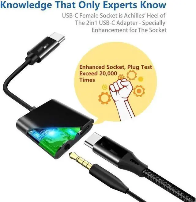 Alt view image 7 of 7 - USB-C to 3.5mm Headphones Adapter Type-C Aux Jack Earbuds Splitter USBC Audio TRRS Mic Earphones Dongle PD & QC Charging for Samsung S21 S20 Note 20 10 iPad Pro Pixel 2 3 4 XL Black