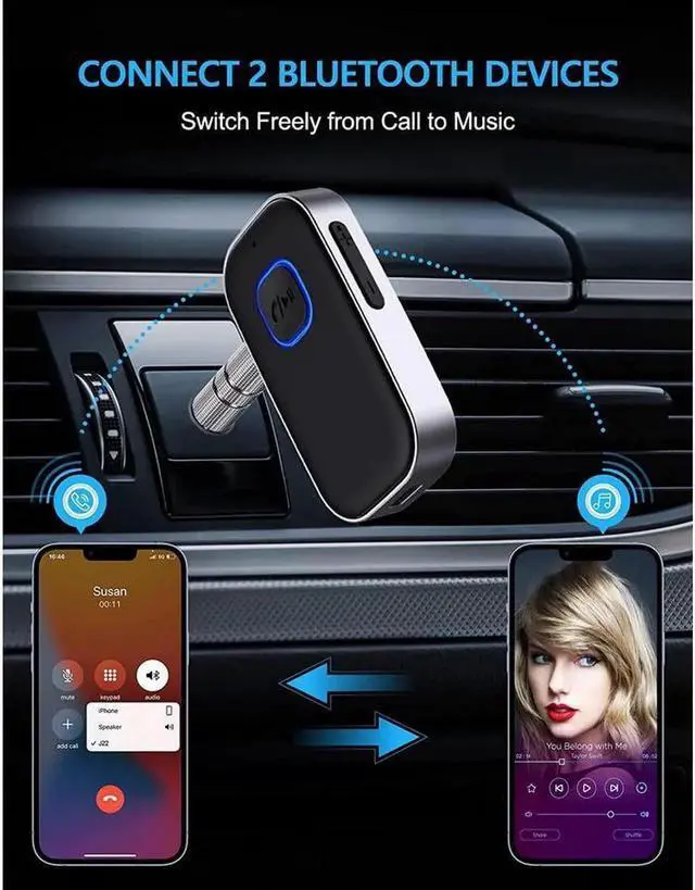 Alt view image 7 of 7 - Bluetooth 5.0 Receiver for Car, Noise Cancelling Bluetooth AUX Adapter, Bluetooth Music Receiver for Home Stereo/Wired Headphones/Hands-Free Call,16H Battery Life-Black+Silver