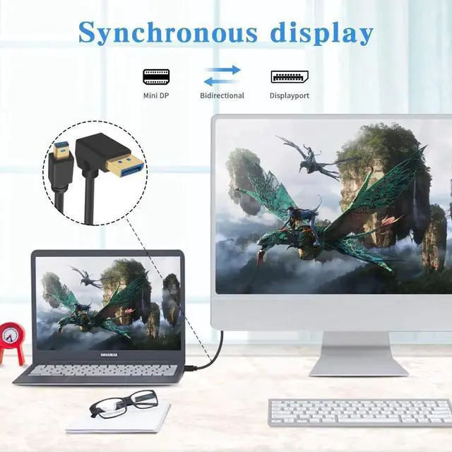 Alt view image 2 of 7 - 8k Mini Displayport to Displayport 1.4, 8K@60Hz Left Angle Displayport Male to Mini Displayport Male Cable with Gold-Plated, Support Bi-Directional Transmission, for Gaming, Monitor 1Ft