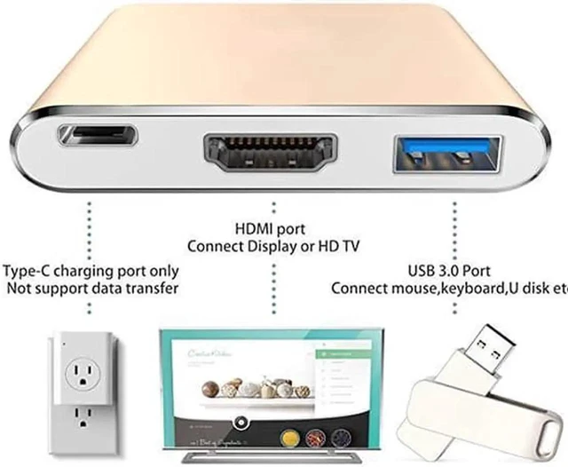 Alt view image 3 of 7 - USB C/Type C to HDMI Adapter, Thunderbolt 3 to HDMI 4K Adapter, USB-C Digital AV Multiport Adapter for Mac/ MacBook/iPad Pro/ S20/S10+/Projector with USB 3.0 Port and PD Quick Charging Port Gold