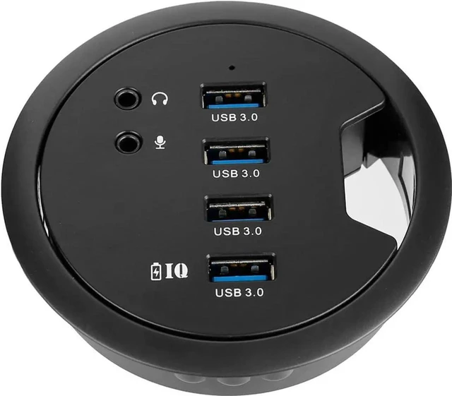 Main image of Desk-Fit (Diameter 3.14" or 80MM) 4 Port USB 3.0 Hub with 3.5mm Audio Mic Phone Jack/BC 1.2 USB Charger, 5V/2A Power Adapter for iPhone/Smart Phones(usb3.0 4 Port)