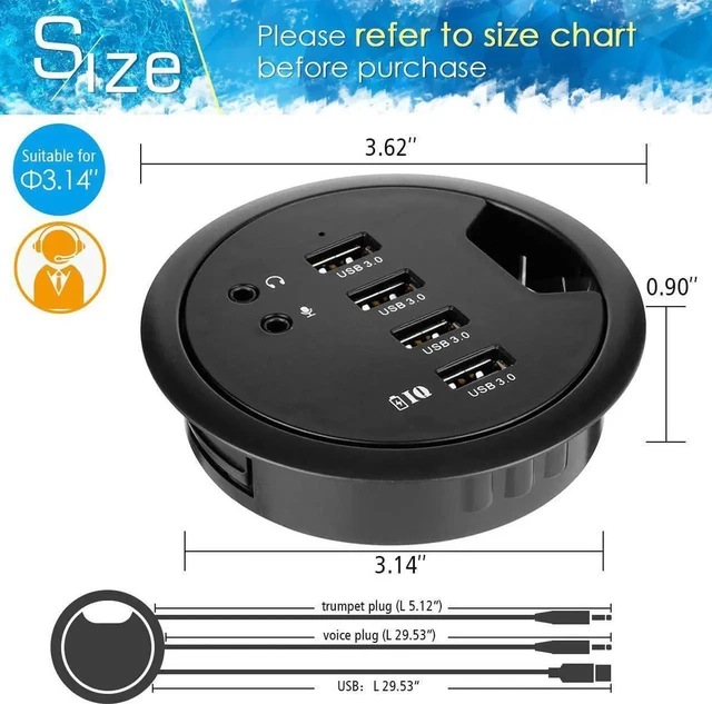 Alt view image 4 of 7 - Desk-Fit (Diameter 3.14" or 80MM) 4 Port USB 3.0 Hub with 3.5mm Audio Mic Phone Jack/BC 1.2 USB Charger, 5V/2A Power Adapter for iPhone/Smart Phones(usb3.0 4 Port)