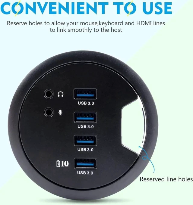 Alt view image 3 of 7 - Desk-Fit (Diameter 3.14" or 80MM) 4 Port USB 3.0 Hub with 3.5mm Audio Mic Phone Jack/BC 1.2 USB Charger, 5V/2A Power Adapter for iPhone/Smart Phones(usb3.0 4 Port)
