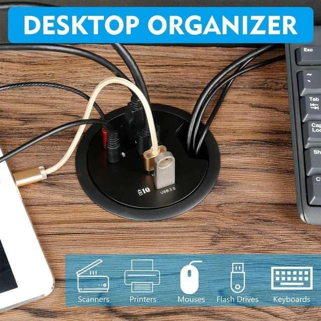 Alt view image 5 of 7 - Desk-Fit (Diameter 3.14" or 80MM) 4 Port USB 3.0 Hub with 3.5mm Audio Mic Phone Jack/BC 1.2 USB Charger, 5V/2A Power Adapter for iPhone/Smart Phones(usb3.0 4 Port)