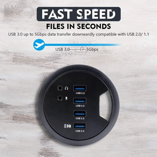 Alt view image 7 of 7 - Desk-Fit (Diameter 3.14" or 80MM) 4 Port USB 3.0 Hub with 3.5mm Audio Mic Phone Jack/BC 1.2 USB Charger, 5V/2A Power Adapter for iPhone/Smart Phones(usb3.0 4 Port)