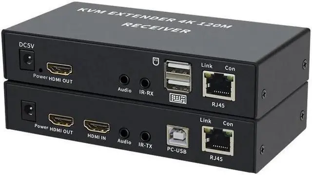 Alt view image 2 of 6 - 4K HDTV 120M KVM Extender HDMI-Compatible USB-A Keyboard Mouse 3.5mm AUX Aluminium Alloy Over CAT6 RJ45 Lan Ethernet Extender(With US Plug)