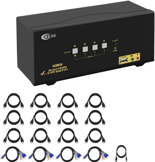 Main image of CKLau 4Kx2K@60Hz 4 Port Quad Monitor KVM HDMI Switch with Audio, Microphone, USB 2.0 Hub, Cables for 4 Computers Sharing Single Keyboard, Mouse and 4 Monitors Support HDMI 2.0, EDID
