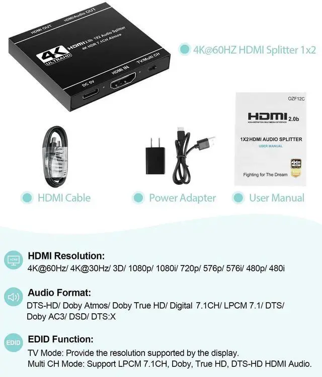 Alt view image 7 of 7 - 4K@60Hz HDMI Splitter 1 in 2 Out, 4K HDMI Splitter for Soundbar and TV, 1x2 Hdmi Splitters Adapter Support Audio and Video Output Sync Up, 3D, 18.5Gbps, HDR, EDID, HDCP2.3