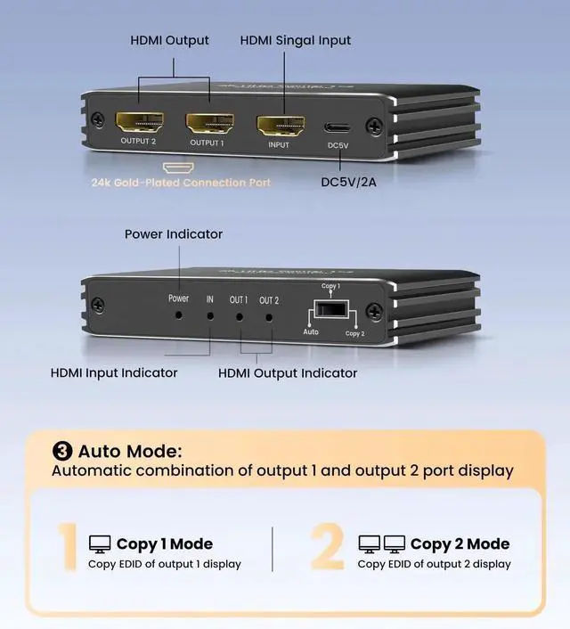 Alt view image 7 of 7 - HDMI 2.1 Splitter 1 in 2 Out, 8K@60Hz HDMI Splitter for Mirror Screen(Not Extend Diferent Screen), Support 48Gbps,4K@120Hz, HDCP 2.3, HDR 10+, RGB 4:4:4, for PS5/Xbox/Streaming Devices