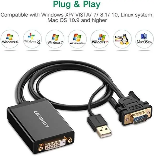 Alt view image 6 of 7 - UGREEN VGA to DVI-D 24+1 Male to Female Adapter Cable Supports 1080P Full HD with 1.5ft USB Power Cord for Computer, PC, Laptop, HDTV, Projector, DVD Graphics Card and more VGA DVI enabled devices