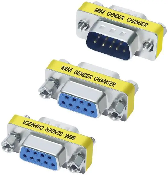Main image of Serial Adapter 3-Pack (DB9 F-F, M-F, M-M), Mini Size RS232 Coupler, Female to Male 9 Pin Connector, for PC Computer Data Transfer