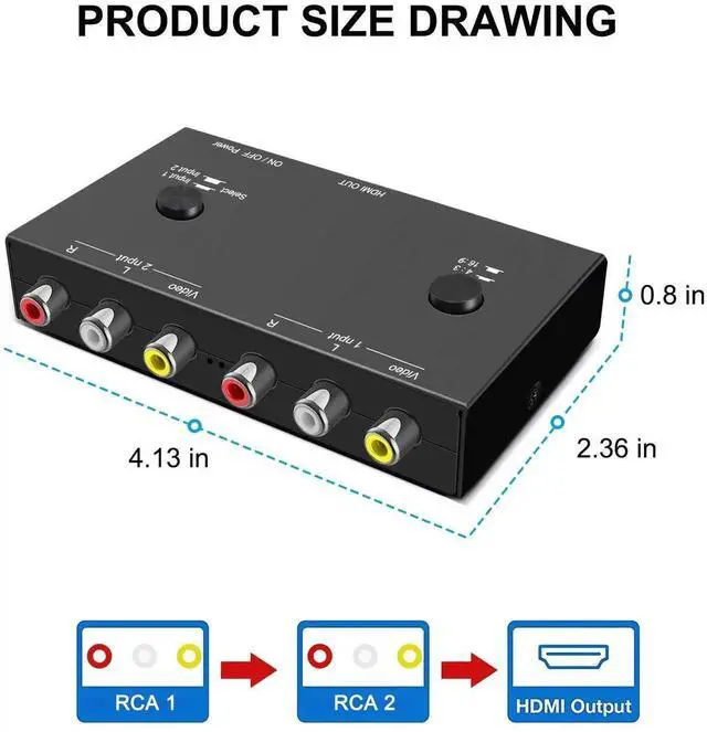 Alt view image 4 of 14 - 2 AV to HDMI, 1080P/720P TV 2 Way RCA Composite CVBS AV Switch to HDMI Video Audio Converter Adapter Support 4:3/16:9 Switching, for Sega Xbox PS2 PS3 N64 NGC SNES WII VHS VCR Camera DVD