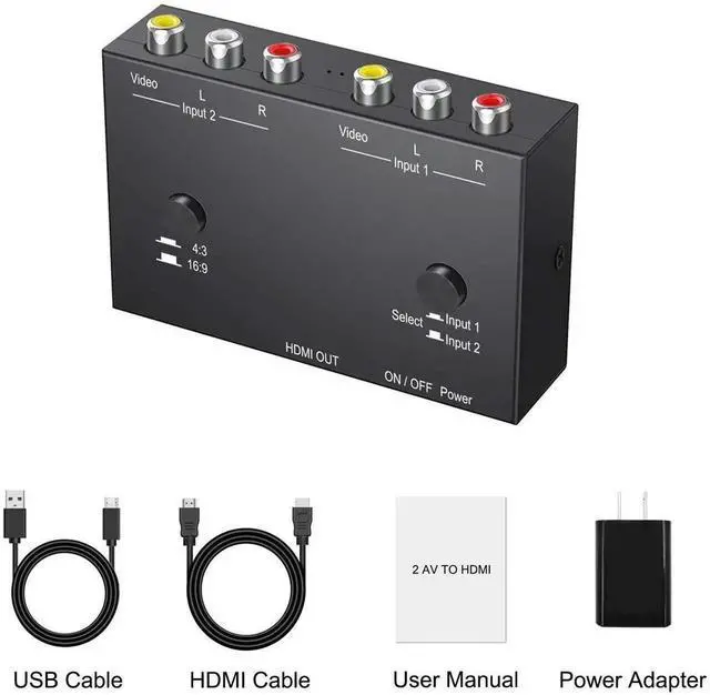 Alt view image 5 of 14 - 2 AV to HDMI, 1080P/720P TV 2 Way RCA Composite CVBS AV Switch to HDMI Video Audio Converter Adapter Support 4:3/16:9 Switching, for Sega Xbox PS2 PS3 N64 NGC SNES WII VHS VCR Camera DVD