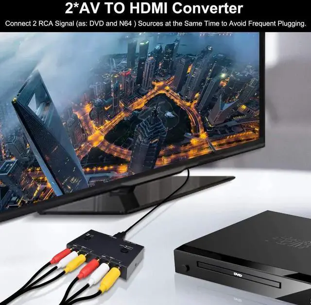 Alt view image 3 of 14 - 2 AV to HDMI, 1080P/720P TV 2 Way RCA Composite CVBS AV Switch to HDMI Video Audio Converter Adapter Support 4:3/16:9 Switching, for Sega Xbox PS2 PS3 N64 NGC SNES WII VHS VCR Camera DVD