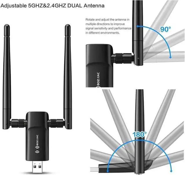 Alt view image 6 of 6 - Wireless USB WiFi Adapter for PC - 1200Mbps Dual 5Dbi Antennas 5G/2.4G WiFi Adapter for Desktop PC Laptop Windows11/10/8/8.1/7/Vista/XP, Wireless Adapter for Desktop Computer Network Adapters