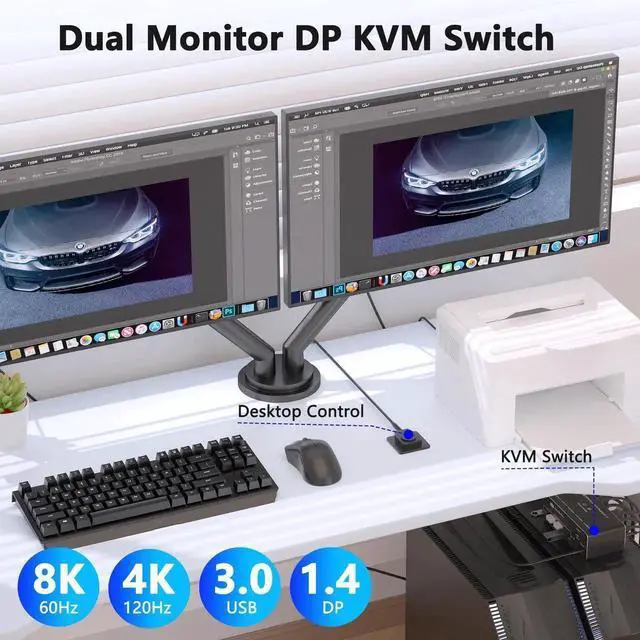 Alt view image 4 of 7 - KVM Switch 2 Monitors 2 Computers DisplayPort 8K @60Hz, USB 3.0 KVM Switches for 2 Computers Share Dual Monitor and 4 USB Devices, DisplayPort KVM with Wired Controller Support Extend/Copy Mode