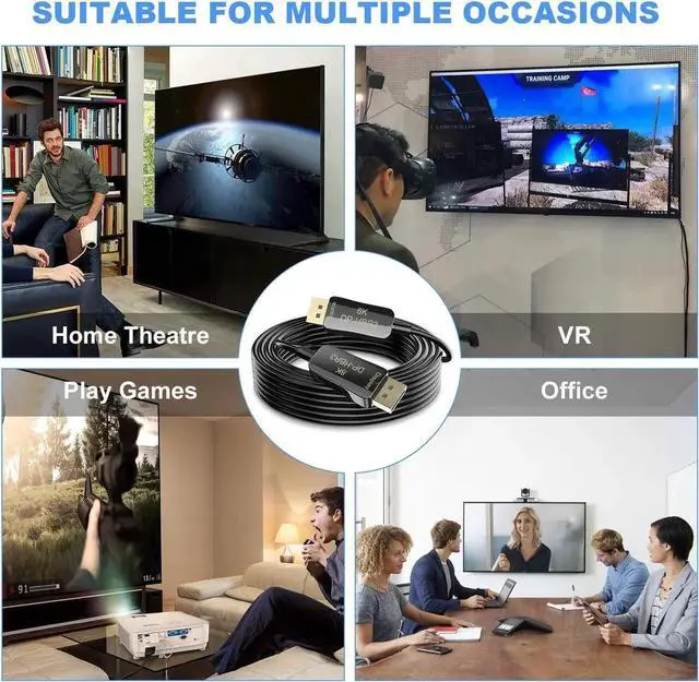 Alt view image 7 of 7 - Fiber 8K 4K DisplayPort Cable DP 1.4 HBR3 8K@60Hz 4K@144Hz High Speed 32.4Gbps Optical Fiber Slim and Flexible DP to DP Cable 100 ft/30m
