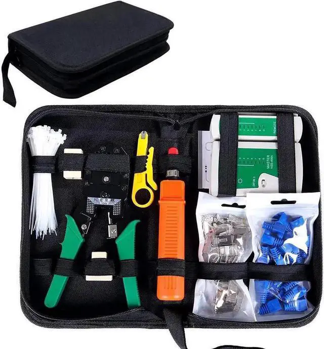 Main image of Network Tool Kit for Cat5 Cat5e, 9-in-1 Portable Crimping Tool Kit, 8P8C 6P6C 4P4C Connectors, RJ11/RJ12/RJ45 Cat5 Cat5e Network/Phone Cable Tester with Punch Down Tool, Black