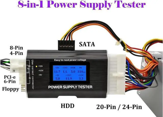 Alt view image 6 of 6 - Computer PC Power Supply Tester, ATX / ITX / IDE / HDD / SATA / BYI Connectors Power Supply Tester, 1.8'' LCD Screen (Aluminum Alloy Enclosure) PC LCD Power Supply Tester 20/24 pin 4 SATA HDD Testers
