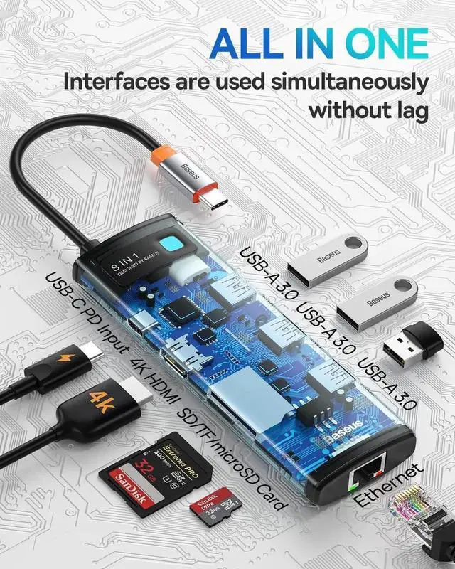 Alt view image 2 of 6 - Baseus 8-in-1 USB C Hub Docking Station, USB C Adapter with 4K HDMI, 3 USB 3.0, TF/SD Reader, Ethernet, 100W Power Delivery Compatible with MacBook, Surface, iPad, Steam Deck or Other Type C Devices