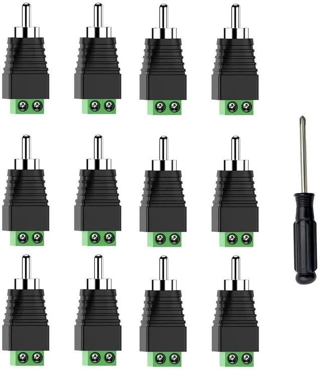 Main image of RCA Speaker Wire Connector, Speaker Wire to RCA Adapter, Phono RCA Male Plug Solderless Converter Audio/Video Speaker Wire Connectors Solderless Adapter - 12 Pack(Package Includes Screwdriver)