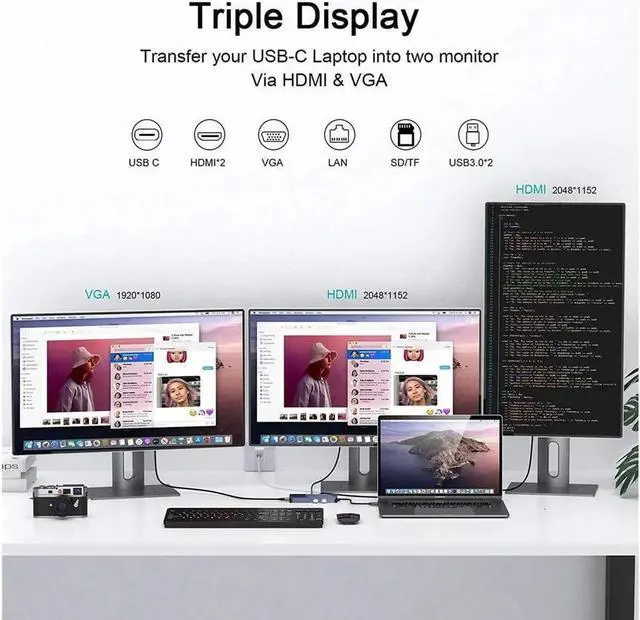 Alt view image 5 of 6 - USB Docking Station GIQ USB C Hub USB 3.0 to Dual HDMI VGA Adapter Triple Display USB C Laptop Docking Station Dual Monitors Compatible with MacBook M1 USB Dock