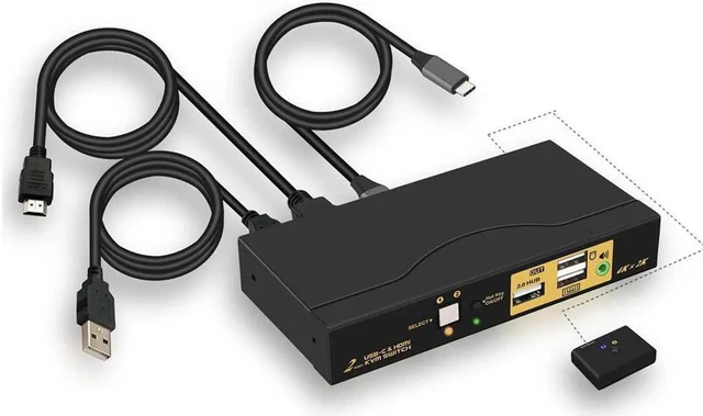 Main image of 4K@60Hz 2 Port KVM HDMI + USB-C with Audio and Cables, HDMI KVM Switch USB C for 2 Mac/Computers/Mobile Phone Sharing Monitor Keyboard Mouse