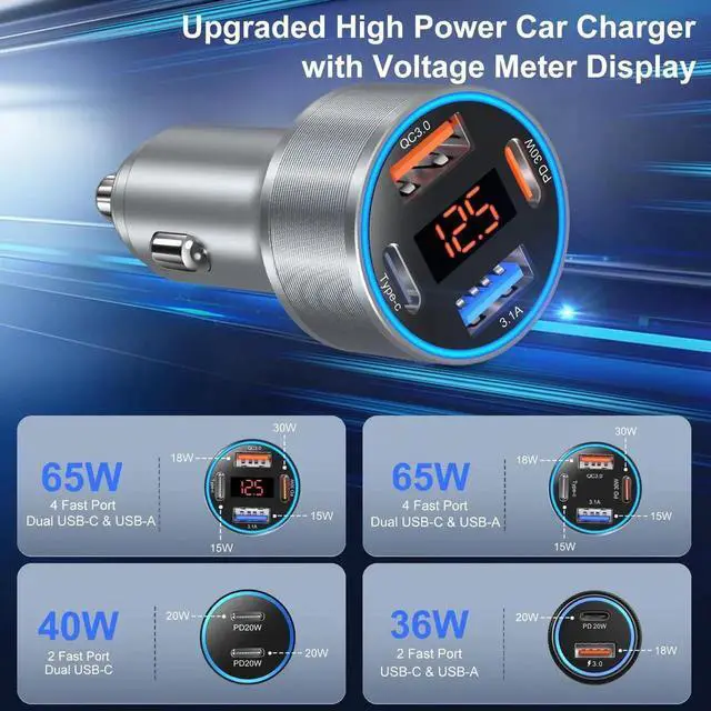 Alt view image 2 of 7 - Car Charger USB C, 65W Dual 12V Cigarette Lighter USB Car Adapter with Voltage Display Multi Port PD/QC 3.0 Super Fast Charging Car Phone Charger for iPhone 16 15 14 13 12 Pro,Tablet,Android
