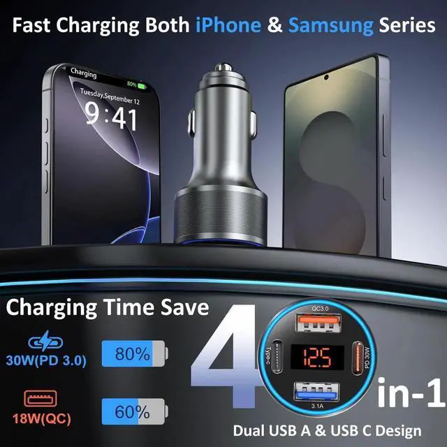Alt view image 5 of 7 - Car Charger USB C, 65W Dual 12V Cigarette Lighter USB Car Adapter with Voltage Display Multi Port PD/QC 3.0 Super Fast Charging Car Phone Charger for iPhone 16 15 14 13 12 Pro,Tablet,Android