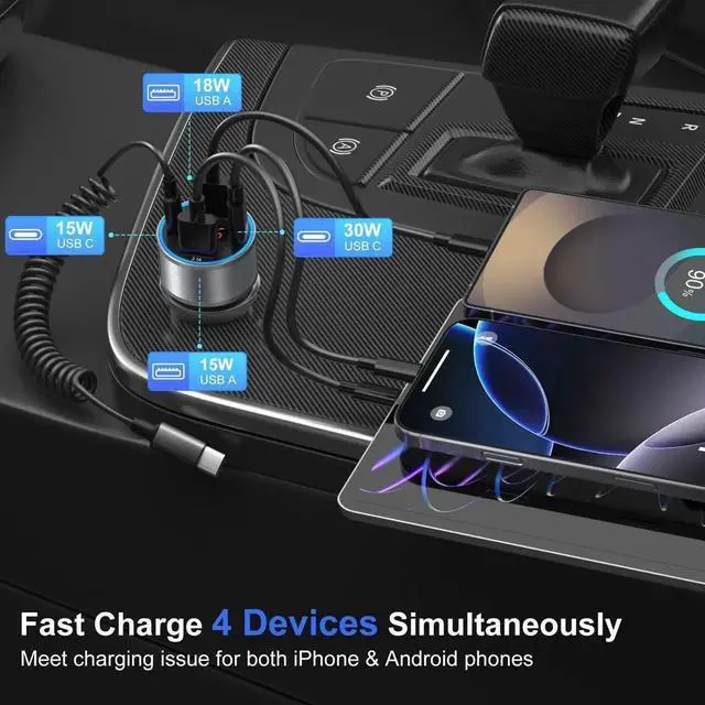 Alt view image 4 of 7 - Car Charger USB C, 65W Dual 12V Cigarette Lighter USB Car Adapter with Voltage Display Multi Port PD/QC 3.0 Super Fast Charging Car Phone Charger for iPhone 16 15 14 13 12 Pro,Tablet,Android