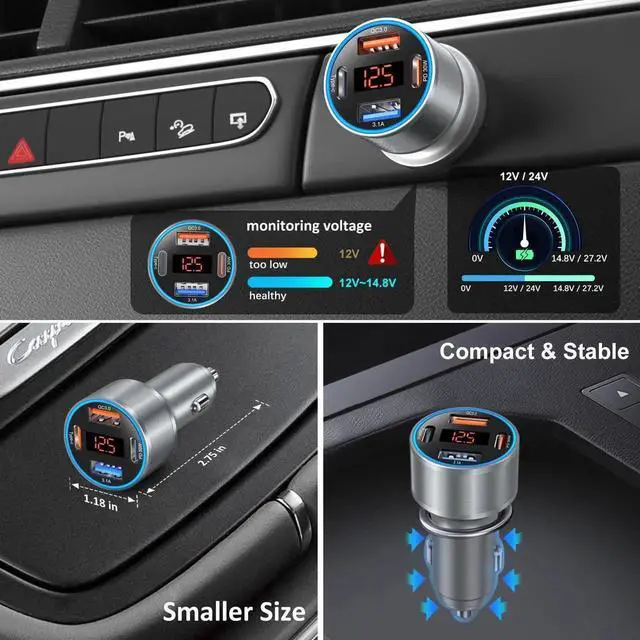 Alt view image 5 of 6 - USB C Car Charger with Voltage Display, 3 Pack 65W Super Fast Charging Car Phone Charger Dual USB-A & USBC Cargador Carro Cigarette Lighter Adapter Volt Meter for iPhone,Samsung,Tablet,Android