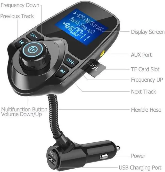 Alt view image 4 of 7 - Wireless In-Car Bluetooth FM Transmitter Radio Adapter Car Kit with 1.44 Inch Display and USB Car Charger