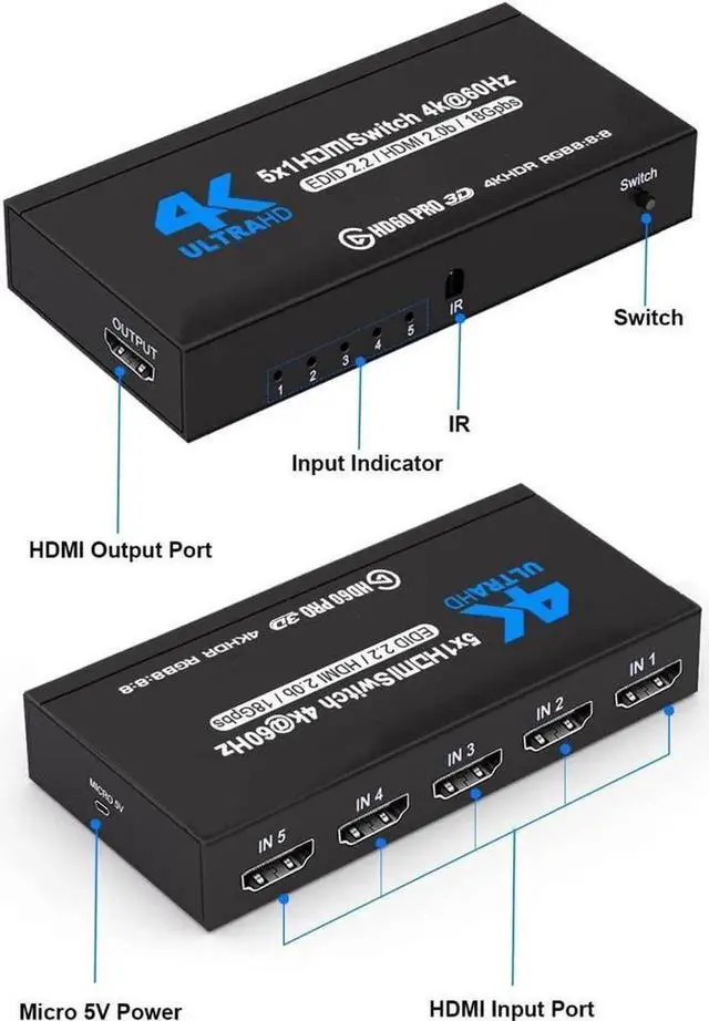 Alt view image 3 of 7 - HDMI Switch 5x1 HDMI Switcher 5 in 1 Out HDMI Switch Selector 5 Port Box with IR Remote Control HDMI 2.0 HDCP 2.2 Support 4K@60Hz Ultra HD 3D 2160P 1080P, OZQ3-4