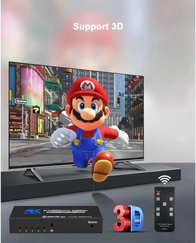 Alt view image 5 of 7 - HDMI Switch 5x1 HDMI Switcher 5 in 1 Out HDMI Switch Selector 5 Port Box with IR Remote Control HDMI 2.0 HDCP 2.2 Support 4K@60Hz Ultra HD 3D 2160P 1080P, OZQ3-4