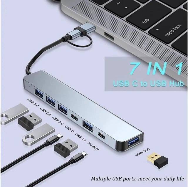 Alt view image 7 of 7 - Aluminum 7 in 1 USB Hub USB C Hub with USB 3.0, Multiport USB Splitter Expand with 5 USB Port 2 USBC Ports for MacBook Pro Air, for iPad Pro Laptop, Phones and More Devices