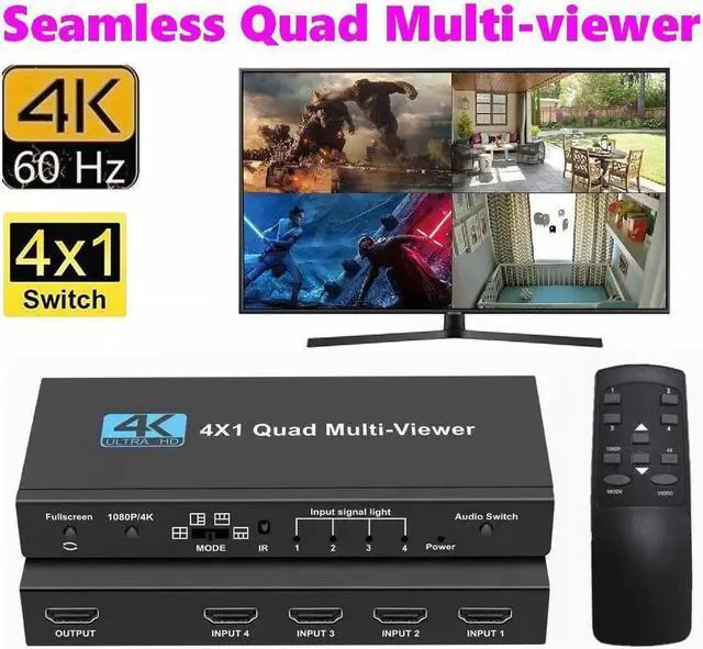 Alt view image 3 of 7 - 4K@60Hz HDMI Multi-Viewer Quad 4x1 Seamless Switch 4k/1080p Switcher w/5 Display Modes Out for PS4 Xbox Apple TV Fire Stick Blu-Ray Player