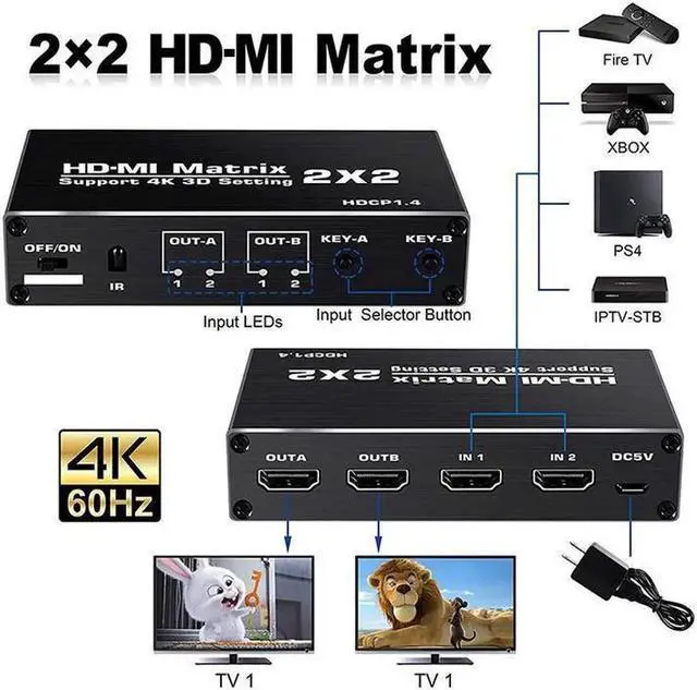 Alt view image 3 of 7 - HDMI Matrix 2x2 , 4K HDMI Matrix Switch 2 in 2 Out Switcher Splitter Box with IR Remote Control, Support Ultra 4K HDR,4Kx2K@60Hz, 3D, 1080PHDMI 2.0b, HDCP 1.4,YUV 4:2:0 (OZJ3)