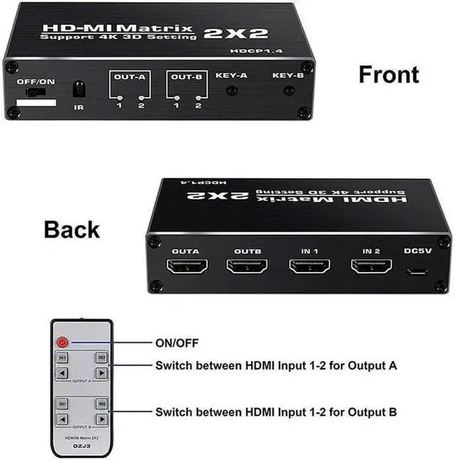 Alt view image 4 of 7 - HDMI Matrix 2x2 , 4K HDMI Matrix Switch 2 in 2 Out Switcher Splitter Box with IR Remote Control, Support Ultra 4K HDR,4Kx2K@60Hz, 3D, 1080PHDMI 2.0b, HDCP 1.4,YUV 4:2:0 (OZJ3)