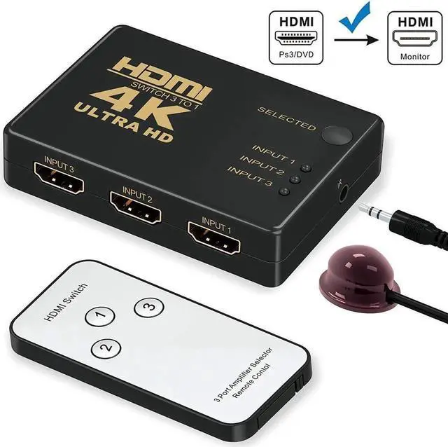 Main image of HDMI Switch 4K, 3-Port HDMI Switcher Splitter Supports 4K, Full HD1080p, 3D with IR Remote