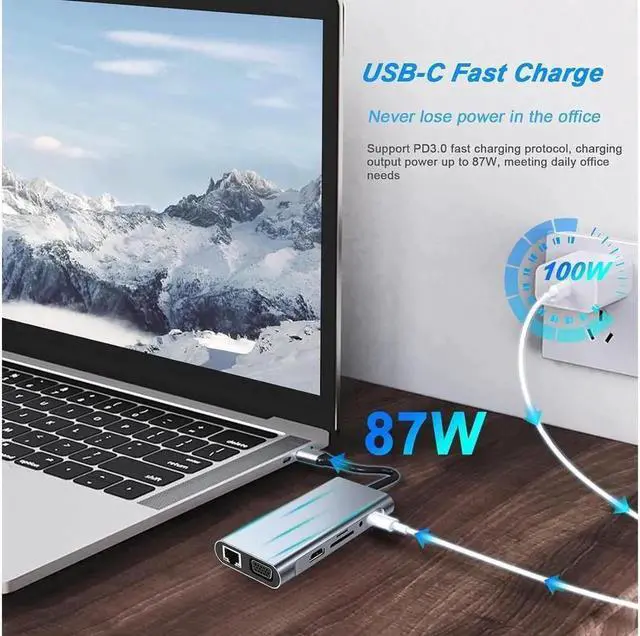 Alt view image 7 of 7 - USB C Docking Station with 4K HDMI, VGA, RJ45, USB 3.0, 3*USB 2.0 Ports, 100W USB-C PD, 3.5mm Aux Ports, USB C Hub Compatible with MacBook Pro, iPhone 111, iPad Air, XPS, and More Devices