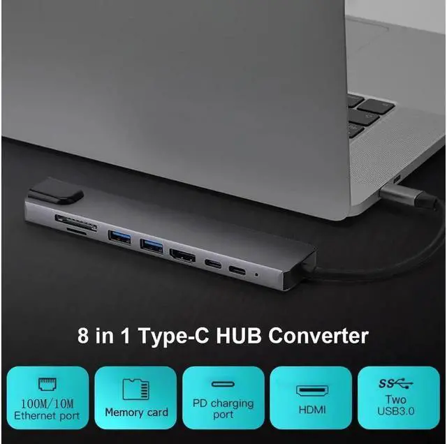 Alt view image 2 of 6 - USB C Hub,8-in-1 USB C Adapter Type C Hub with 4K HDMI RJ45 Ethernet Port 2X USB 3.0 SD/TF Card Reader 87W PD Charging Port Type-C Port Compatible with iPad Pro/MacBook/Type C Devices