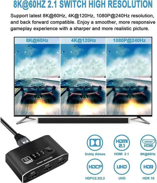 Alt view image 6 of 7 - HDMI Switch 3in1 Out 8K HDMI Switcher Splitter 8K@60Hz 3 Port HDMI Switch with 3.9FT HDMI Cable HDCP2.3 3D Dolby Compatible with PS5/PS4/Xbox/Nintendo Switch/Fire Stick/Roku TV and More