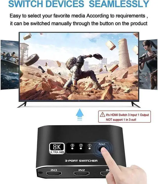 Alt view image 5 of 7 - HDMI Switch 3in1 Out 8K HDMI Switcher Splitter 8K@60Hz 3 Port HDMI Switch with 3.9FT HDMI Cable HDCP2.3 3D Dolby Compatible with PS5/PS4/Xbox/Nintendo Switch/Fire Stick/Roku TV and More