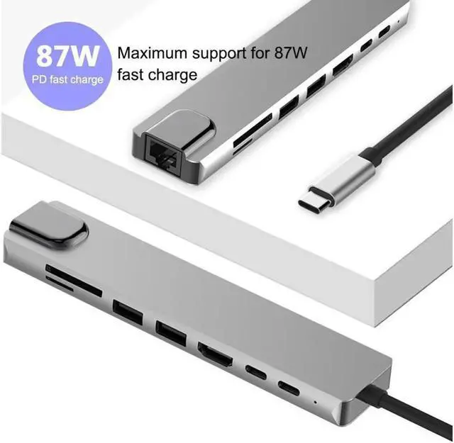 Alt view image 3 of 6 - USB C Hub,8-in-1 USB C Adapter Type C Hub with 4K HDMI RJ45 Ethernet Port 2X USB 3.0 SD/TF Card Reader 87W PD Charging Port Type-C Port Compatible with iPad Pro/MacBook/Type C Devices